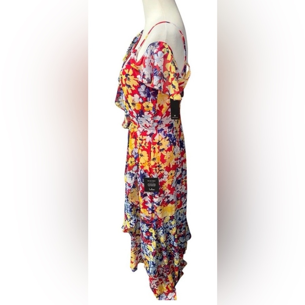 Lulus Radiant Ruby Red Floral Print Chiffon Maxi Dress sz Medium - Picture 7 of 15